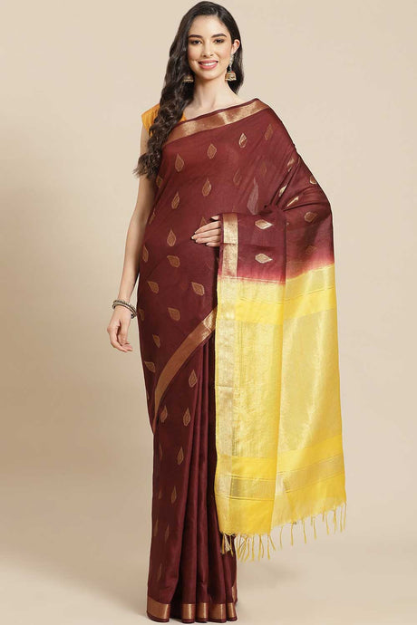 Buy Blended Silk Zari Woven Saree in Dark Brown Online