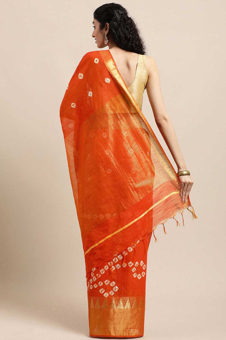 Buy Blended Silk Zari Woven Saree in Orange Online - Back