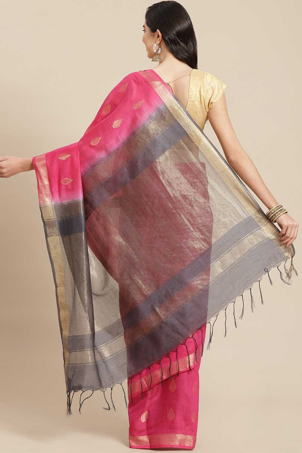 Buy Blended Silk Zari Woven Saree in Light Pink Online - Back