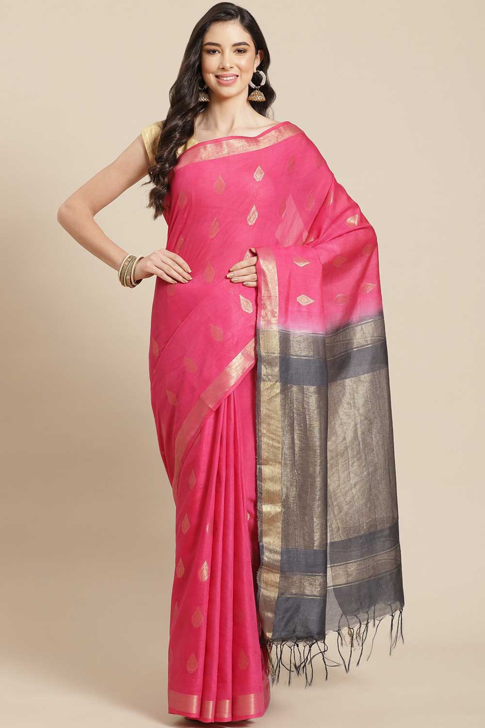 Buy Blended Silk Zari Woven Saree in Light Pink Online