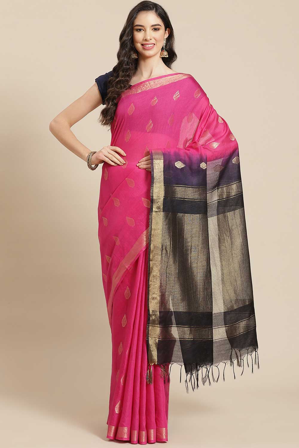 Buy Blended Silk Zari Woven Saree in Pink Online