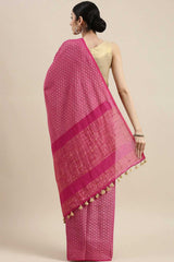 Buy Silk Blend Zari Woven Saree in Pink Online - Back