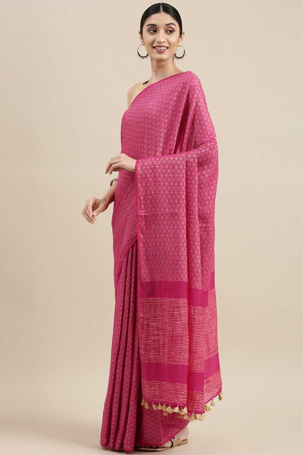 Buy Silk Blend Zari Woven Saree in Pink Online