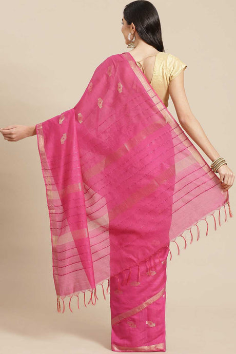 Buy Blended Silk Zari Woven Saree in Pink Online - Back