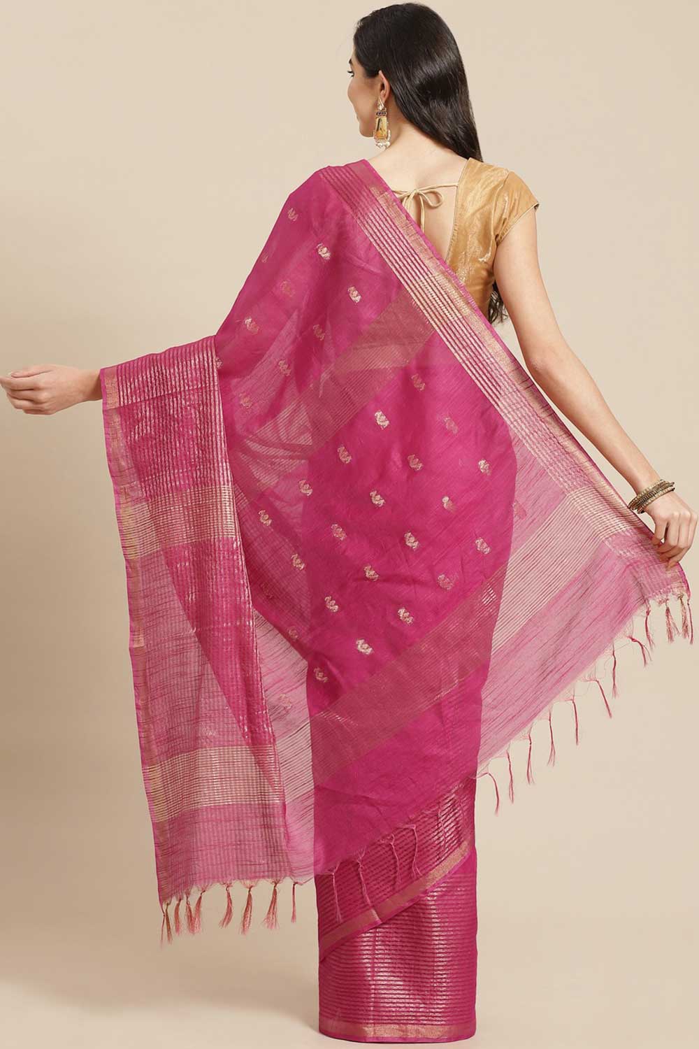 Buy Blended Silk Zari Woven Saree in Pink Online - Back