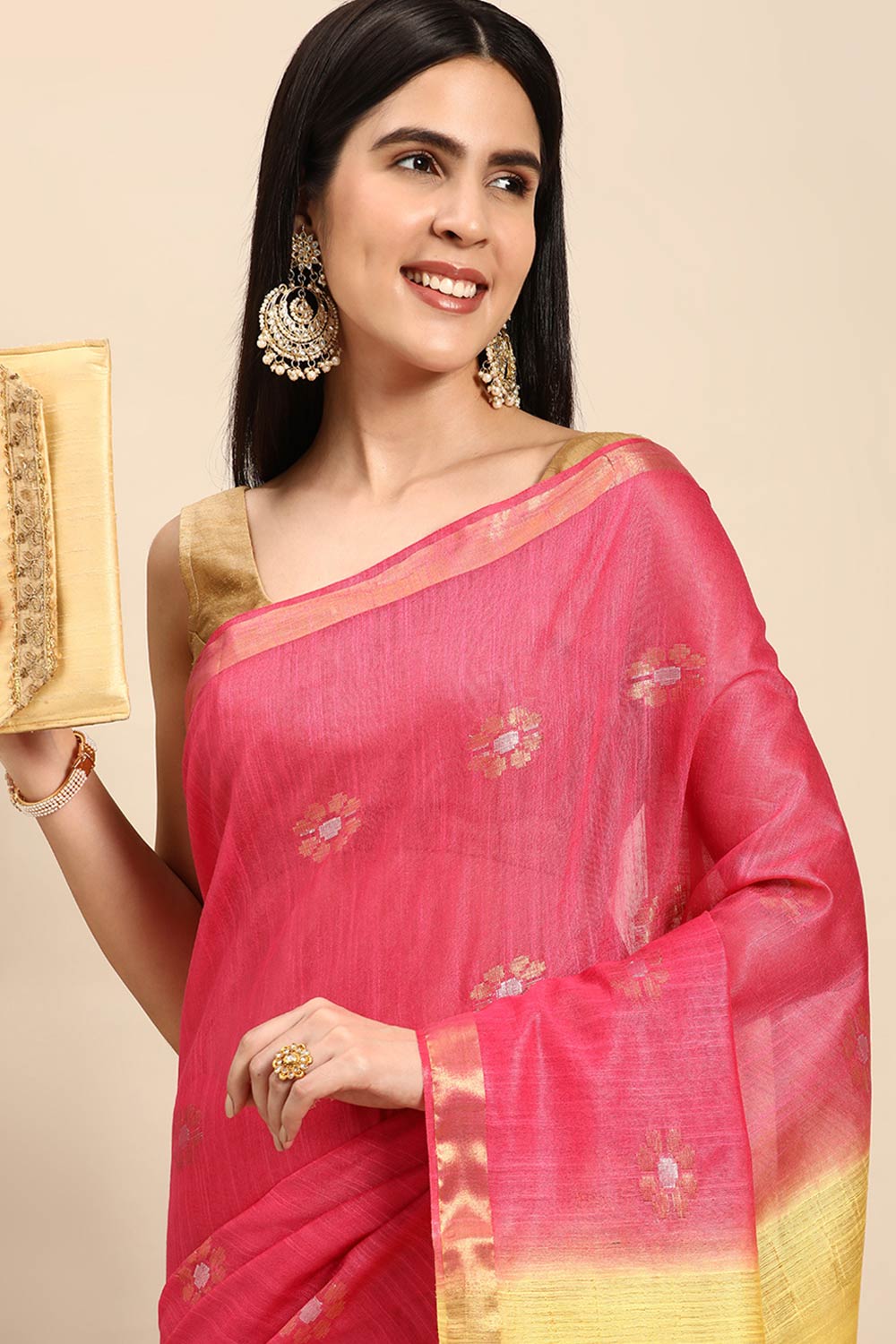 Pink Art Silk Block Saree