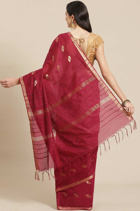 Buy Blended Silk Zari Woven Saree in Maroon Online - Back