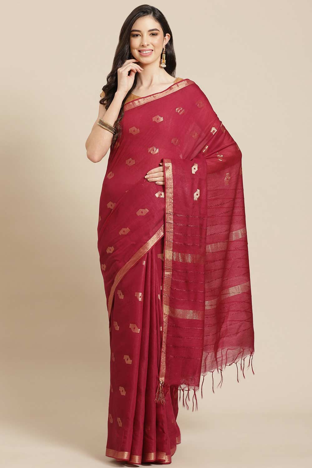 Buy Blended Silk Zari Woven Saree in Maroon Online