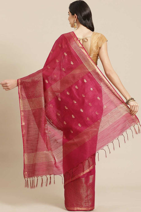 Buy Blended Silk Zari Woven Saree in Magenta Online - Back