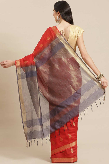 Buy Blended Silk Zari Woven Saree in Red Online - Back