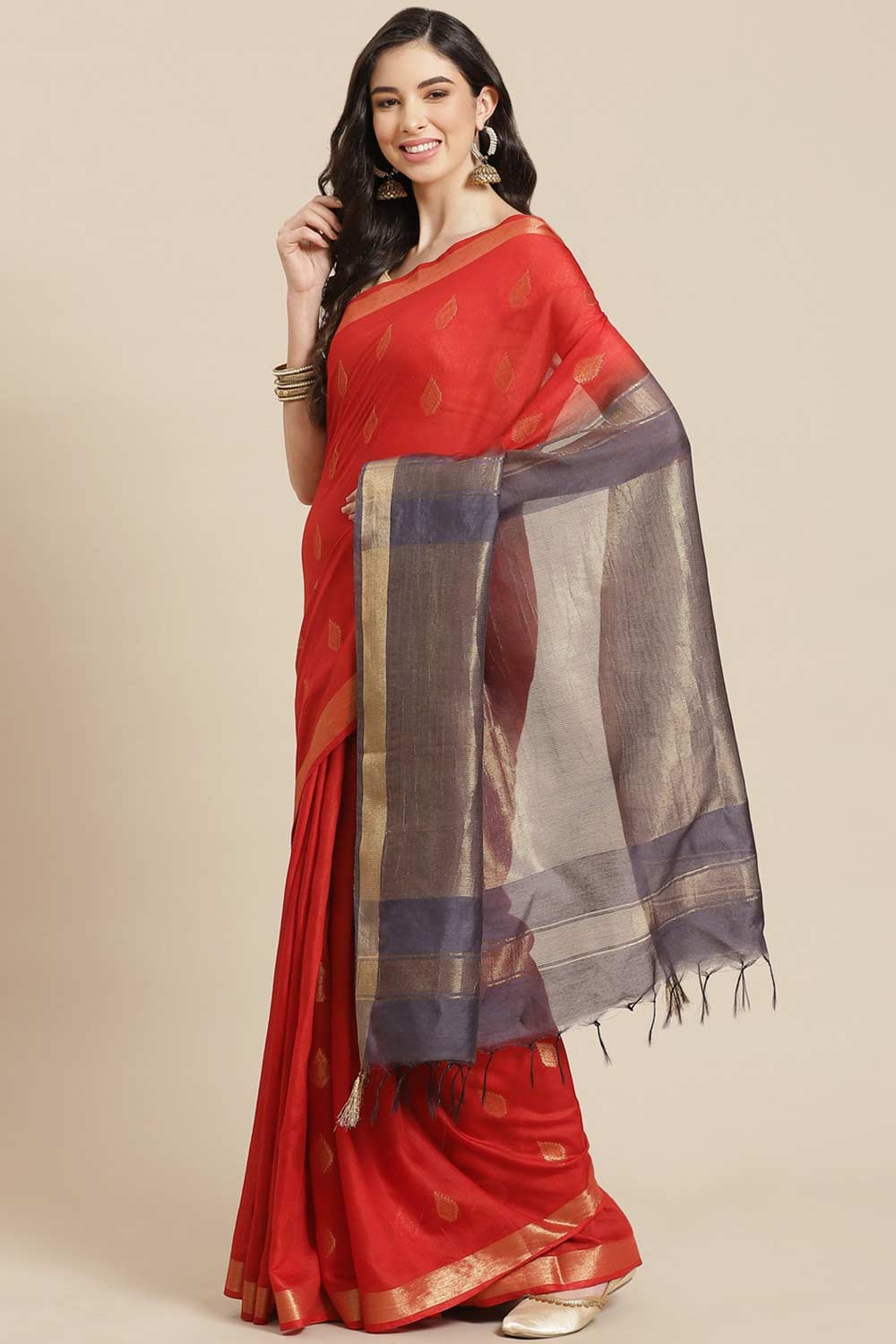 Buy Blended Silk Zari Woven Saree in Red Online