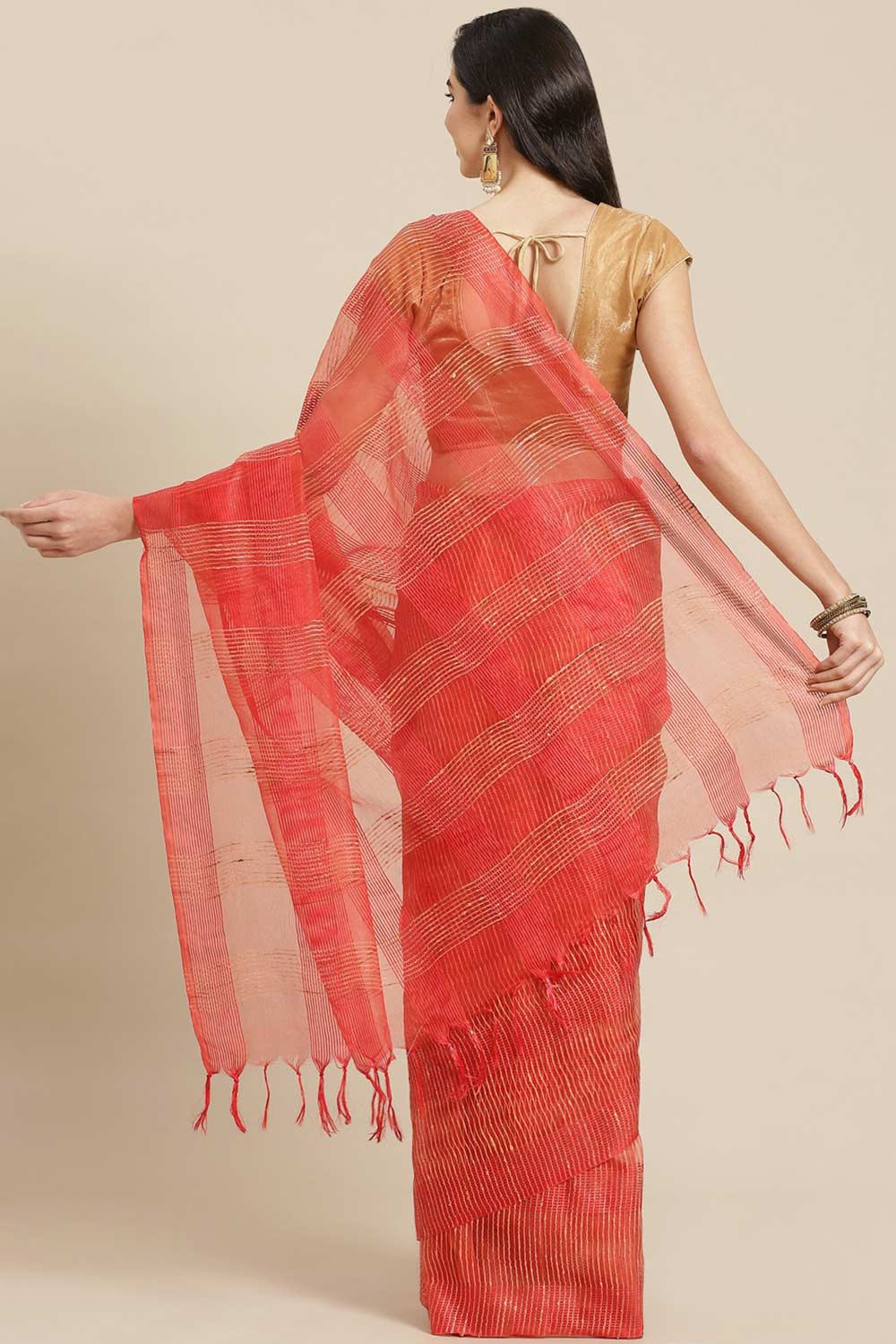 Buy Art Silk Woven Saree in Red Online - Back