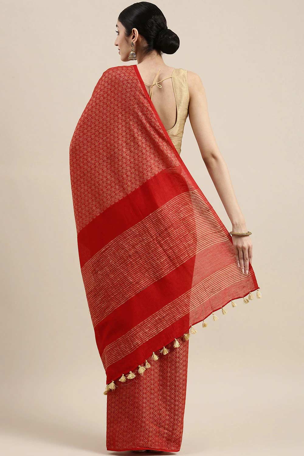 Buy Silk Blend Zari Woven Saree in Red Online - Back