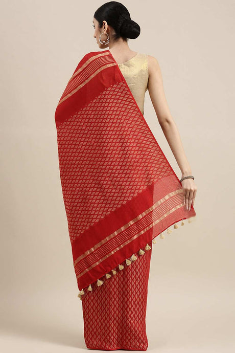 Buy Silk Blend Zari Woven Saree in Red Online - Back