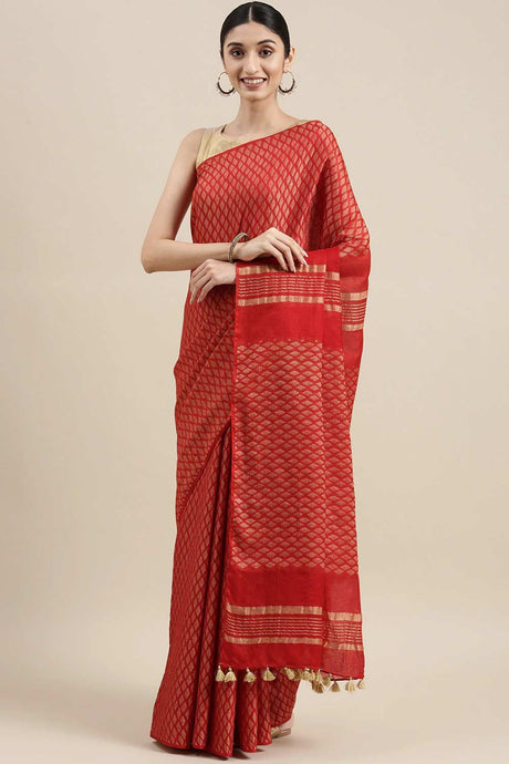 Buy Silk Blend Zari Woven Saree in Red Online