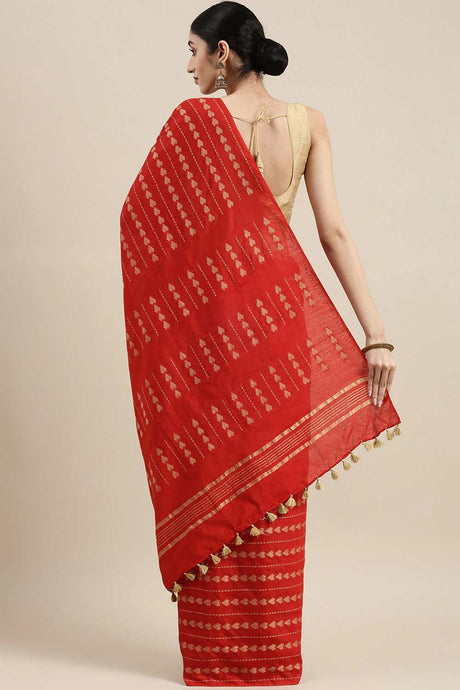 Buy Silk Blend Zari Woven Saree in Red Online - Back