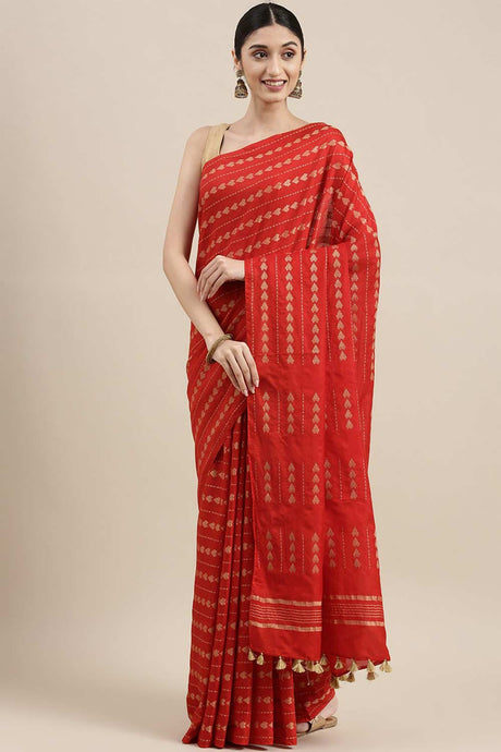 Buy Silk Blend Zari Woven Saree in Red Online