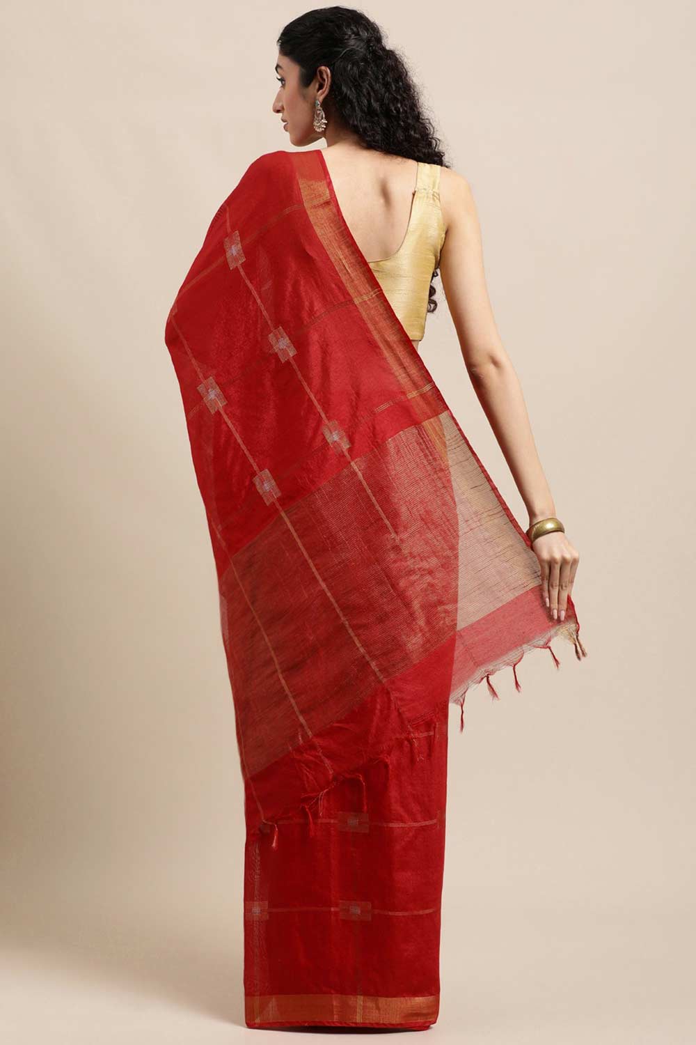 Buy Blended Silk Zari Woven Saree in Red Online - Back