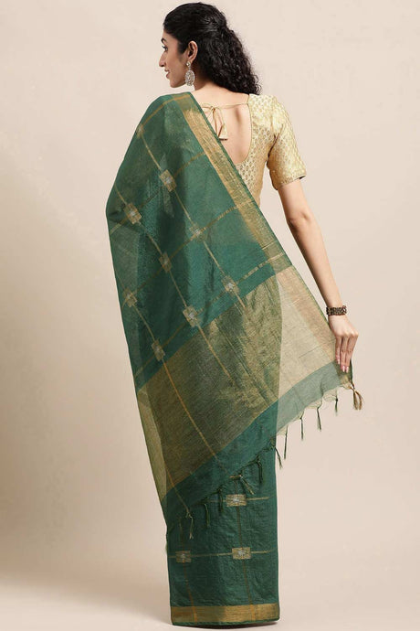 Buy Blended Silk Zari Woven Saree in Dark Green Online - Back