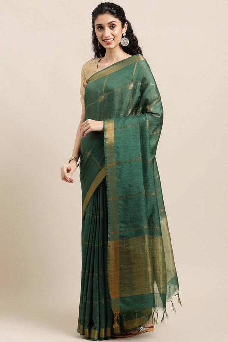 Buy Blended Silk Zari Woven Saree in Dark Green Online