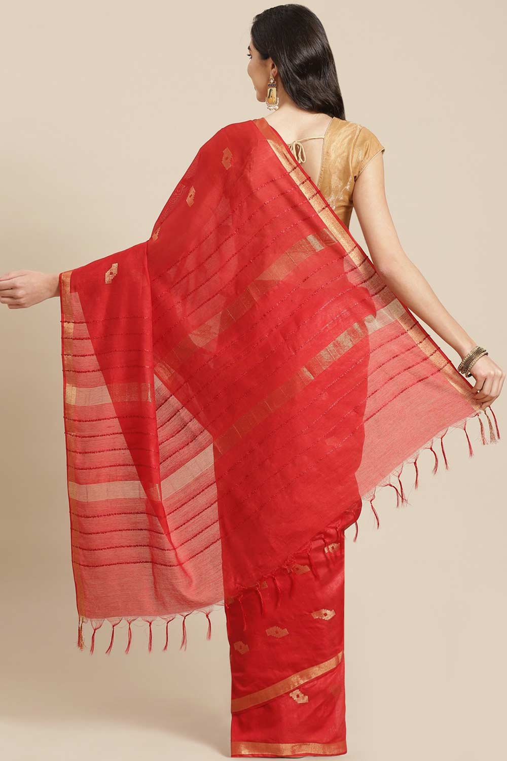 Buy Blended Silk Zari Woven Saree in Red Online - Back