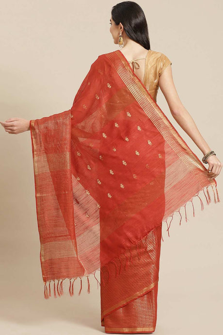 Buy Blended Silk Zari Woven Saree in Red Online - Back