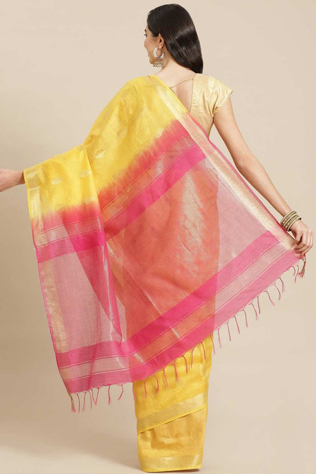 Buy Blended Silk Zari Woven Saree in Light Yellow Online - Back