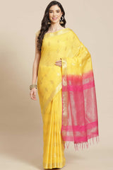 Buy Blended Silk Zari Woven Saree in Light Yellow Online