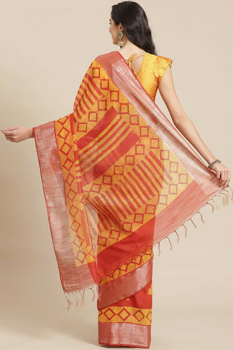 Buy Silk Blend Batik Printed Saree in Yellow Online - Back