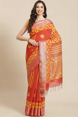 Buy Silk Blend Batik Printed Saree in Yellow Online