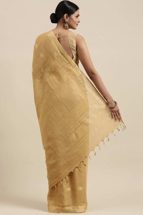 Buy Linen Blend Zari Woven Saree in Beige Online - Back