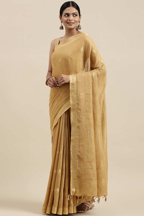 Buy Linen Blend Zari Woven Saree in Beige Online