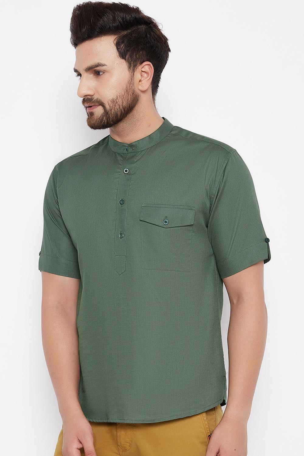 Buy Blended Cotton Solid Kurta in Green Online - Front