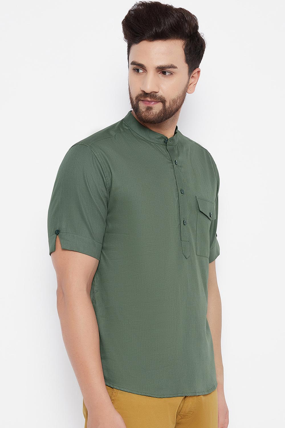 Buy Blended Cotton Solid Kurta in Green Online - Side