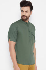 Buy Blended Cotton Solid Kurta in Green Online - Side