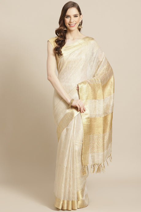 Buy Linen Woven Saree in Off White