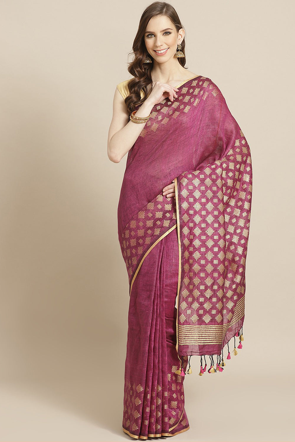 Buy Linen Woven Saree in Magenta