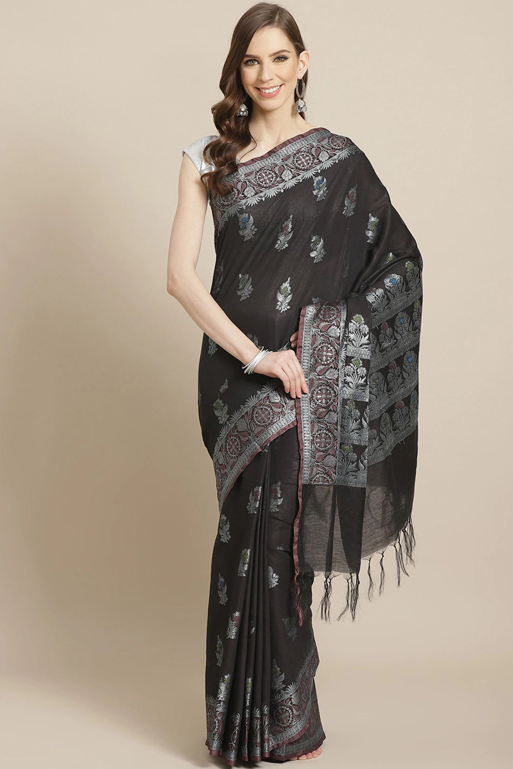 Buy Cotton Silk Woven Saree in Black