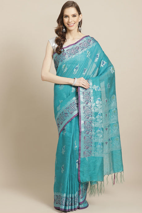 Buy Linen Woven Saree in Sea Green