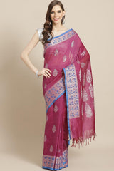 Buy Linen Woven Saree in Purple