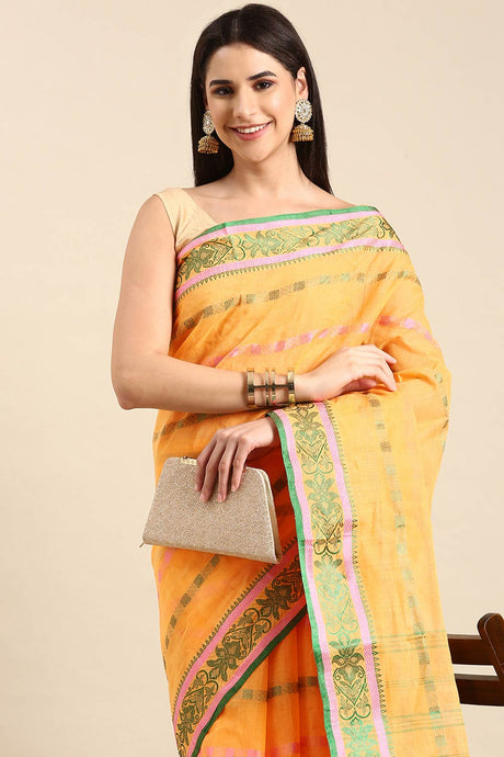 Orange Cotton Block Saree