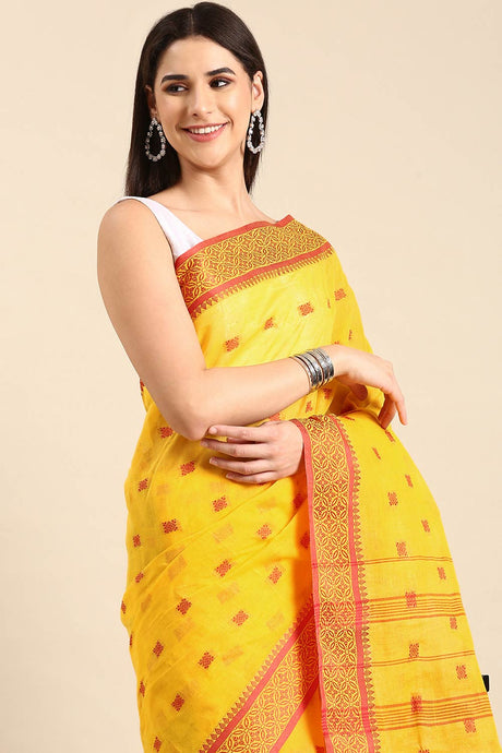 Yellow Cotton Block Saree