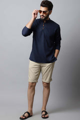 Men's Dark Blue Self-Design Full Sleeve Short Kurta Top