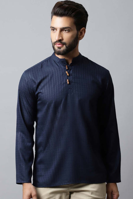 Men's Dark Blue Self-Design Full Sleeve Short Kurta Top