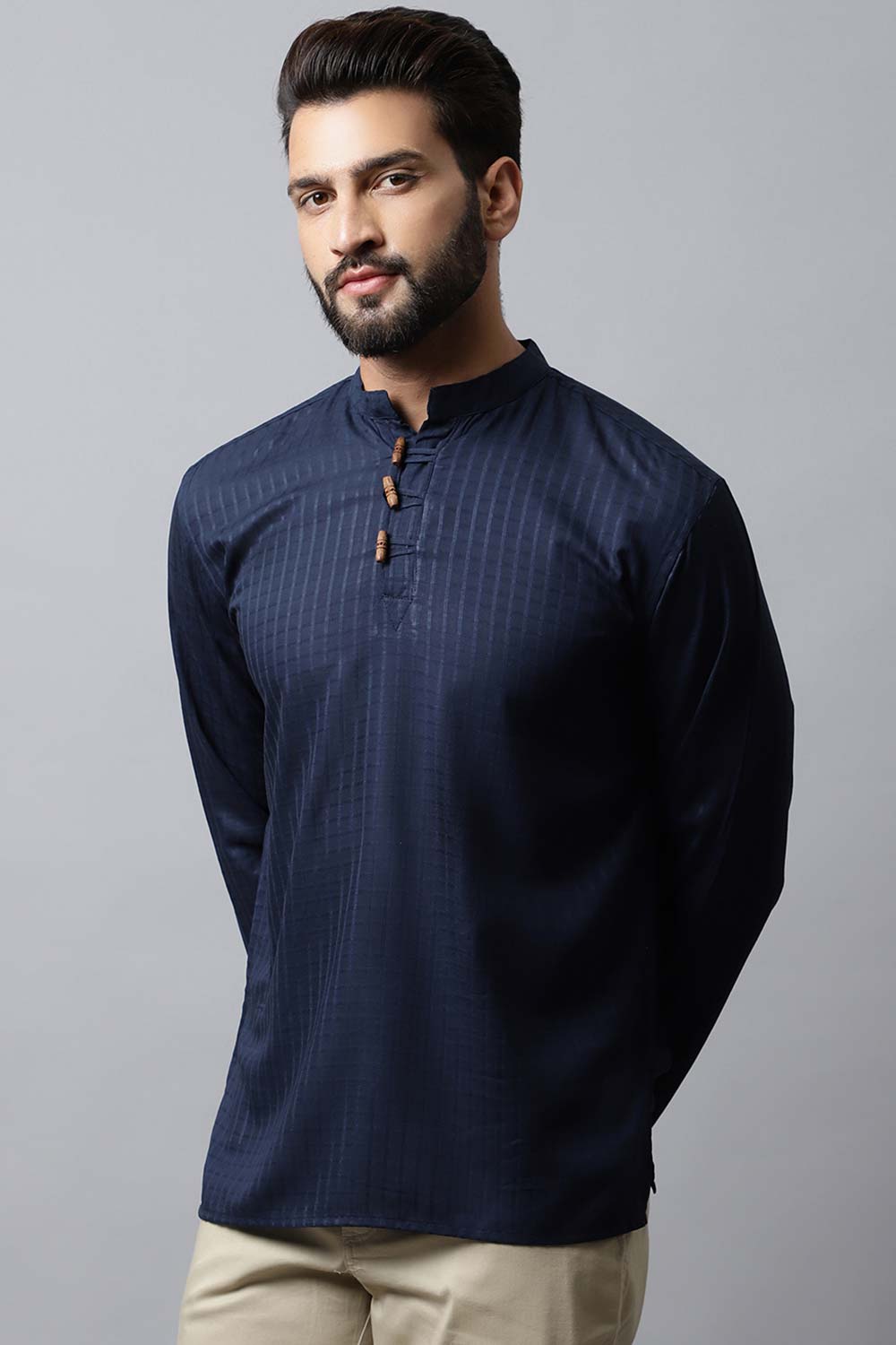 Men's Dark Blue Self-Design Full Sleeve Short Kurta Top