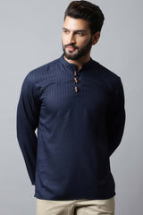 Men's Dark Blue Self-Design Full Sleeve Short Kurta Top