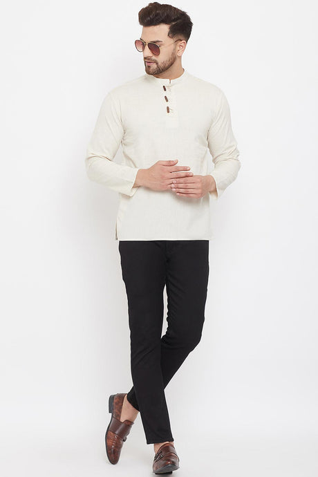 Buy Men's Blended Cotton Solid Short Kurta in Cream - Back