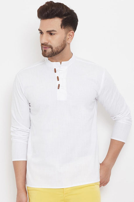 Buy Men's Blended Cotton Solid Short Kurta in White Online