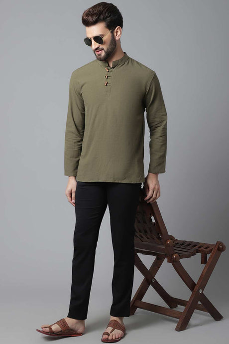 Buy Men's Green Cotton Solid Long Kurta Online - KARMAPLACE