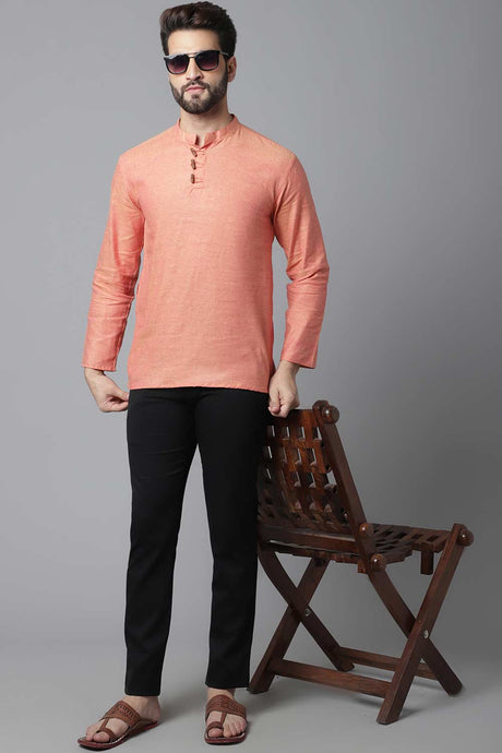 Buy Men's Orange Cotton Self-design Long Kurta Online - KARMAPLACE